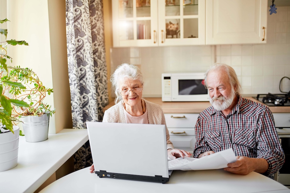 Smiling mature couple with documents and laptop in home interior